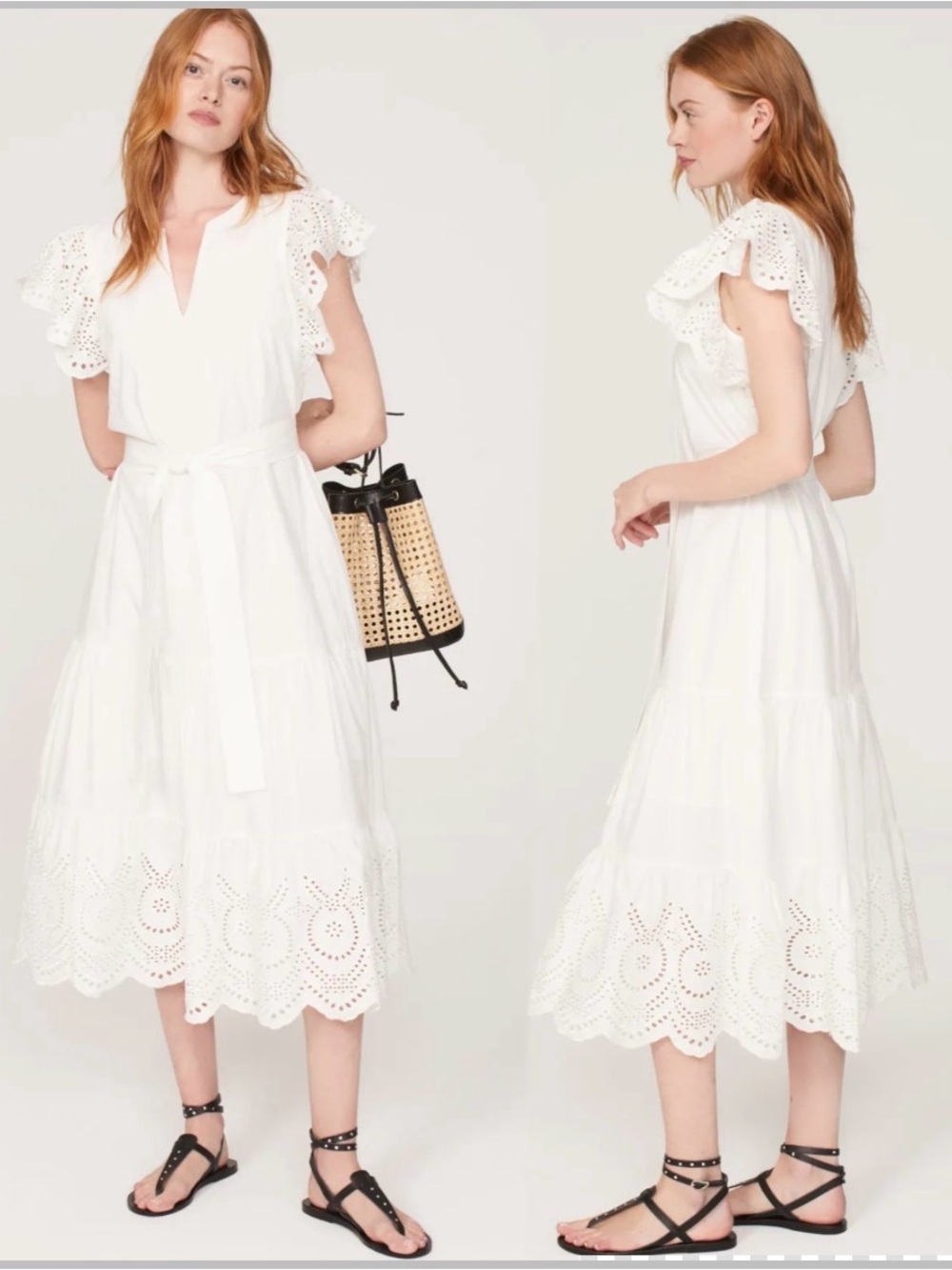 Rails Gia Dress Women's White Eyelet Midi Dress with Tie Waist Sz L